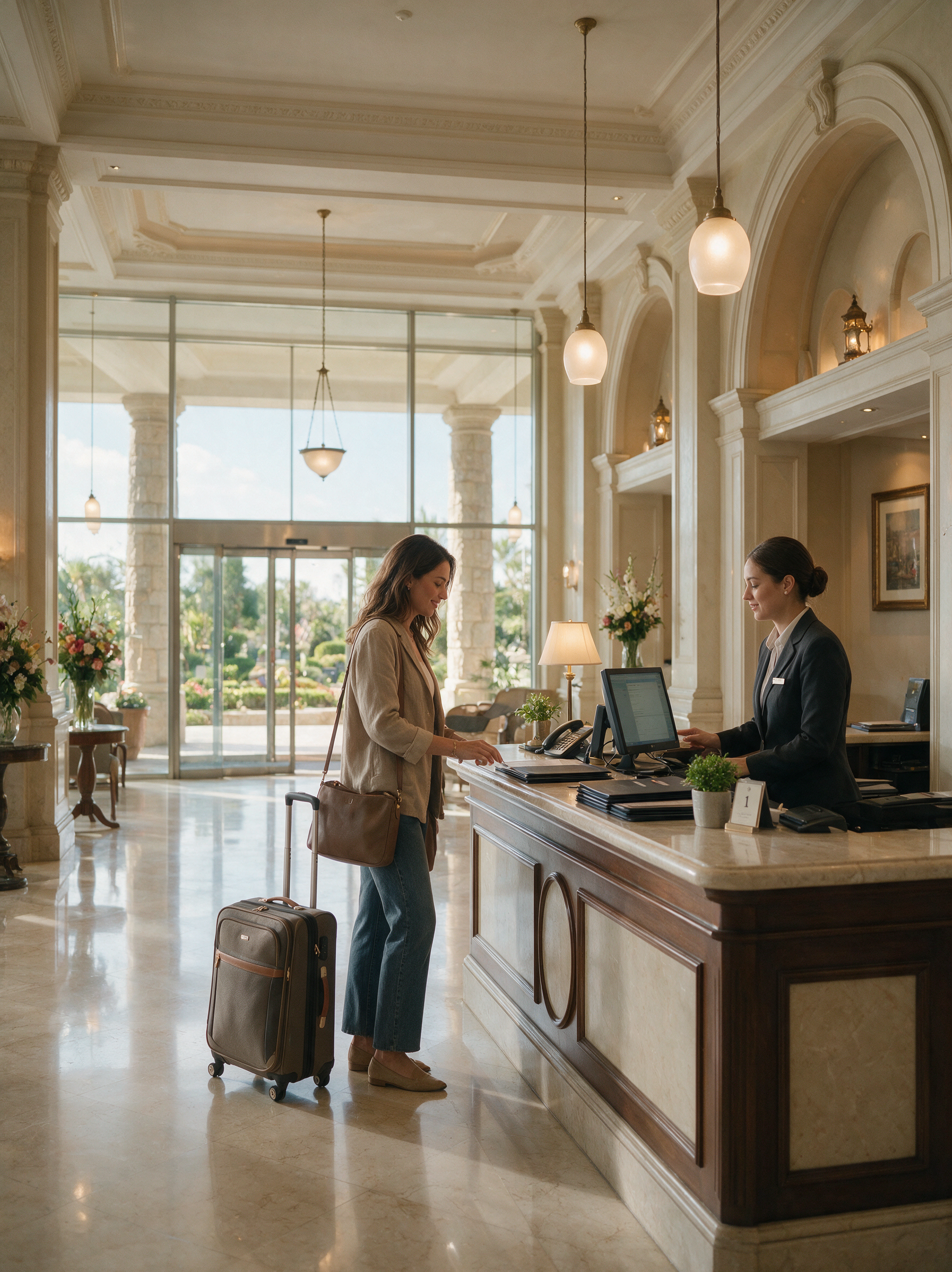A guest checking in at a hotel front desk