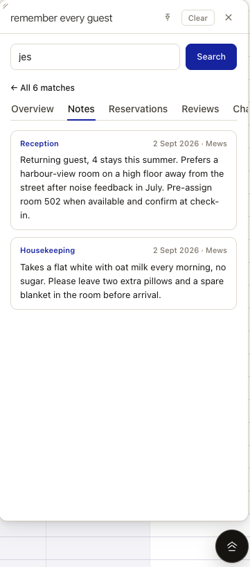 Guest Lookup overlay, Notes tab. Reception and housekeeping notes for a sample guest.