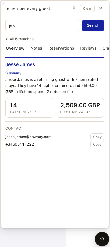 Guest Lookup overlay, Overview tab. Search, a match list, a sample guest summary, nights, lifetime value and contact, with a floating bubble.