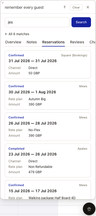 Guest Lookup overlay, Reservations tab. Sample stays with status, dates and amount.