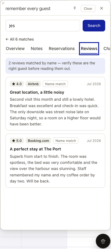 Guest Lookup overlay, Reviews tab. A name-match notice, then two sample reviews.